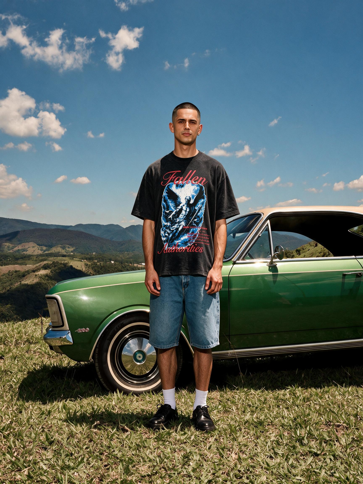 QUIETHUE Summer 26 hero, model in white oversized graphic tee